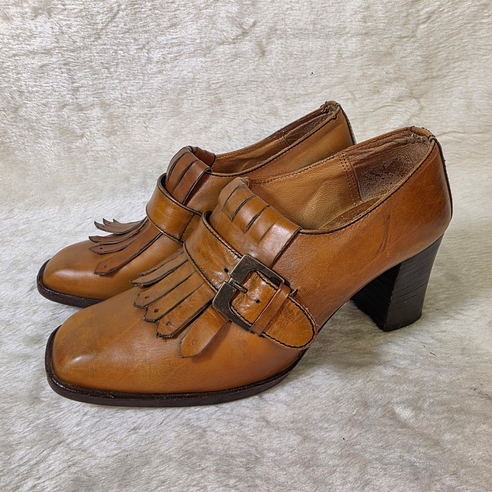 VTG Bloomingdales Kiltie Loafer Heels Brown Leather Buckle Square Toe Womens 6.5